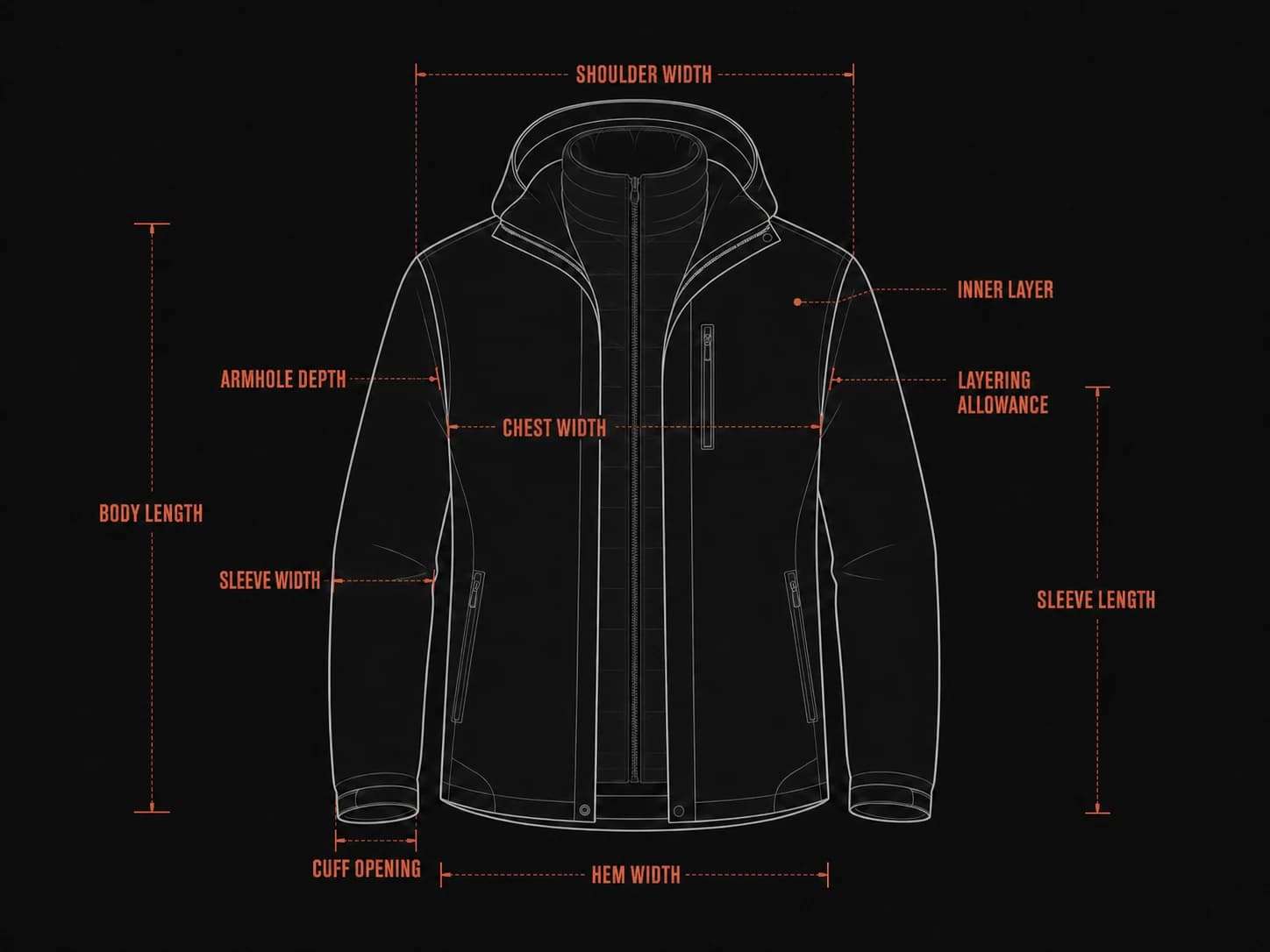 Outerwear fit and layering measurement diagram showing the inner layer, shoulder, chest, armhole, sleeve, body length, cuff and hem