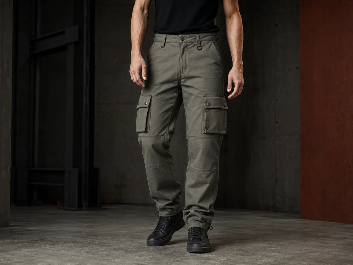 Streetwear cargo pants with three-dimensional pockets and hardware details