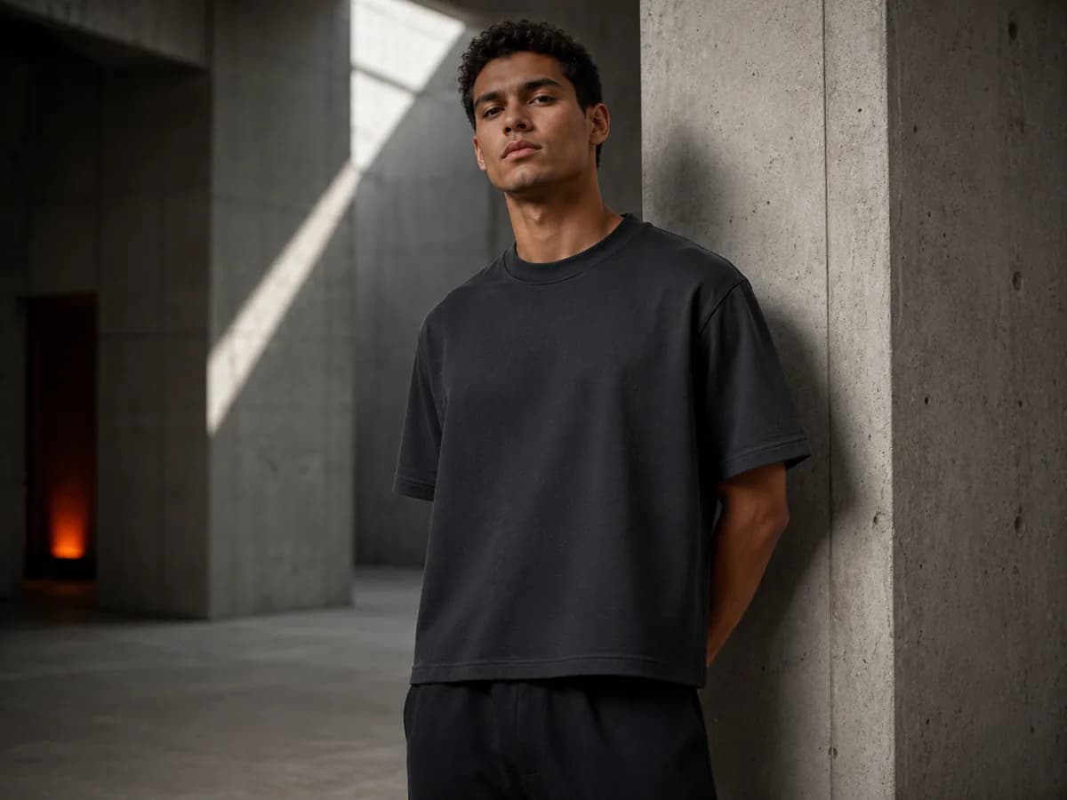 Male model wearing a structured black heavyweight boxy-fit T-shirt