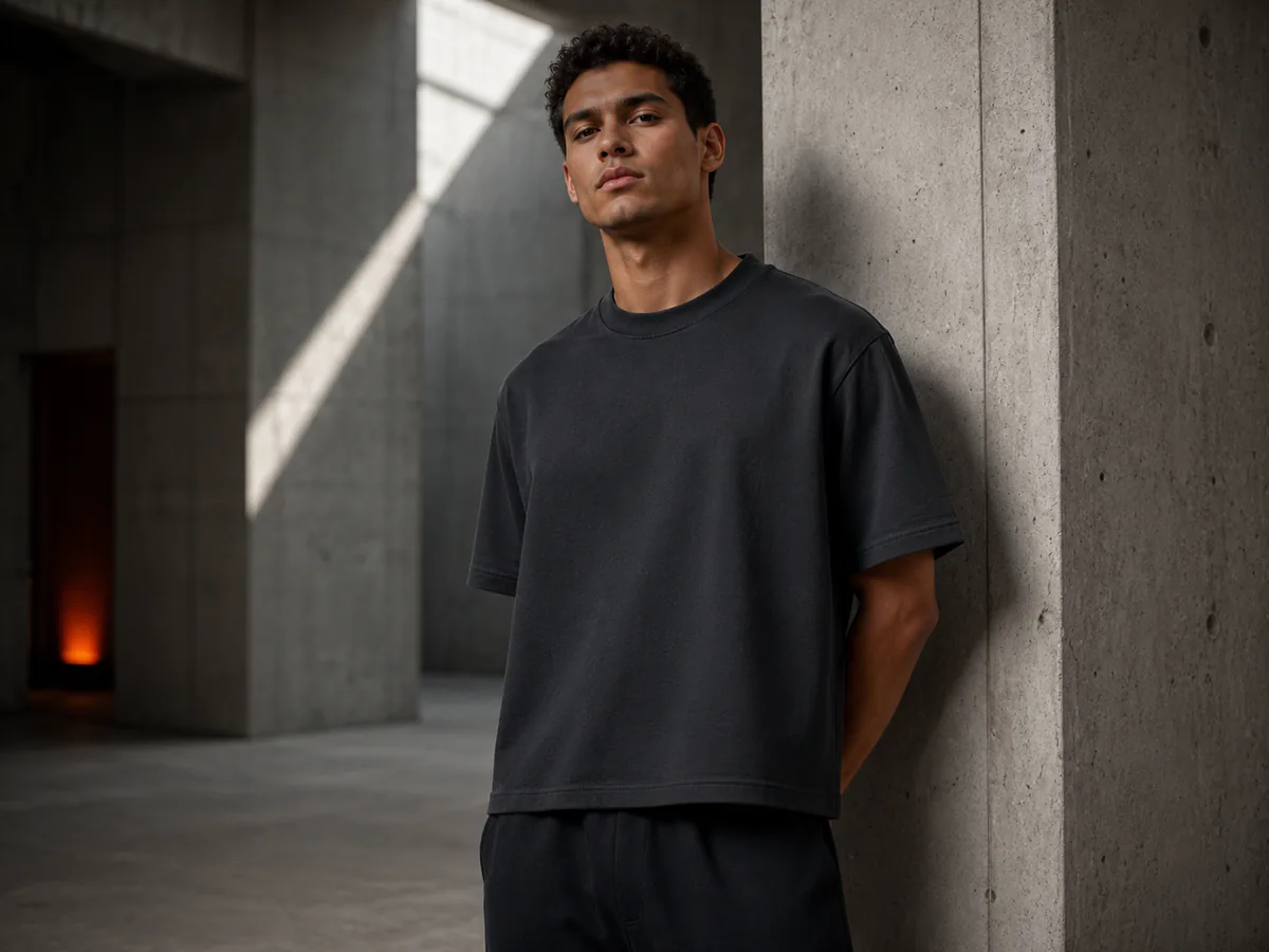Model wearing a black heavyweight boxy-fit T-shirt