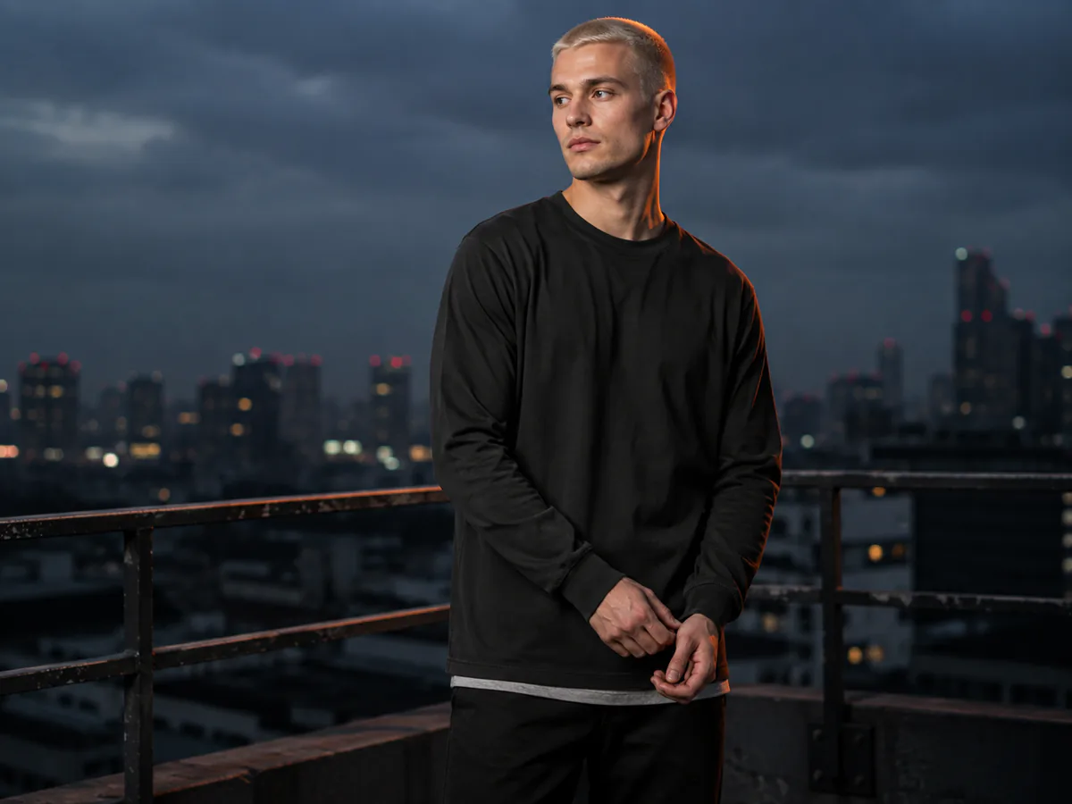 Male model wearing a black long-sleeve layering T-shirt