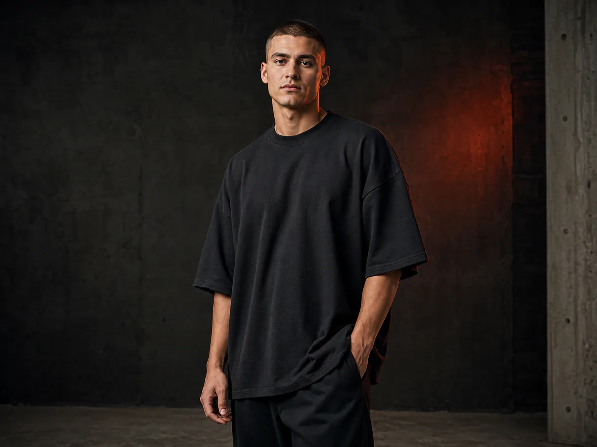 Male model wearing a black oversized drop-shoulder T-shirt