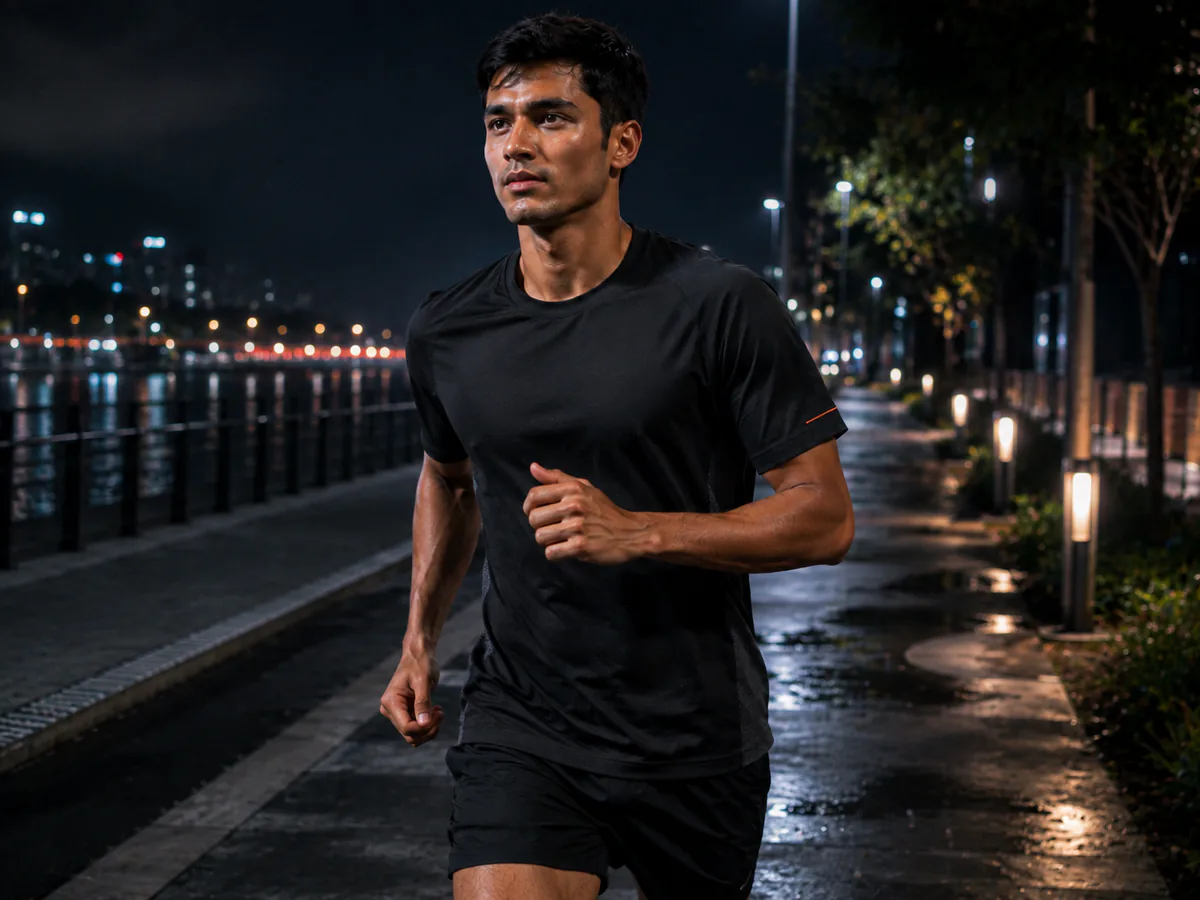 Male runner wearing a black performance T-shirt