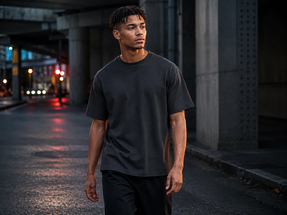 Male model wearing a relaxed black street-fit T-shirt