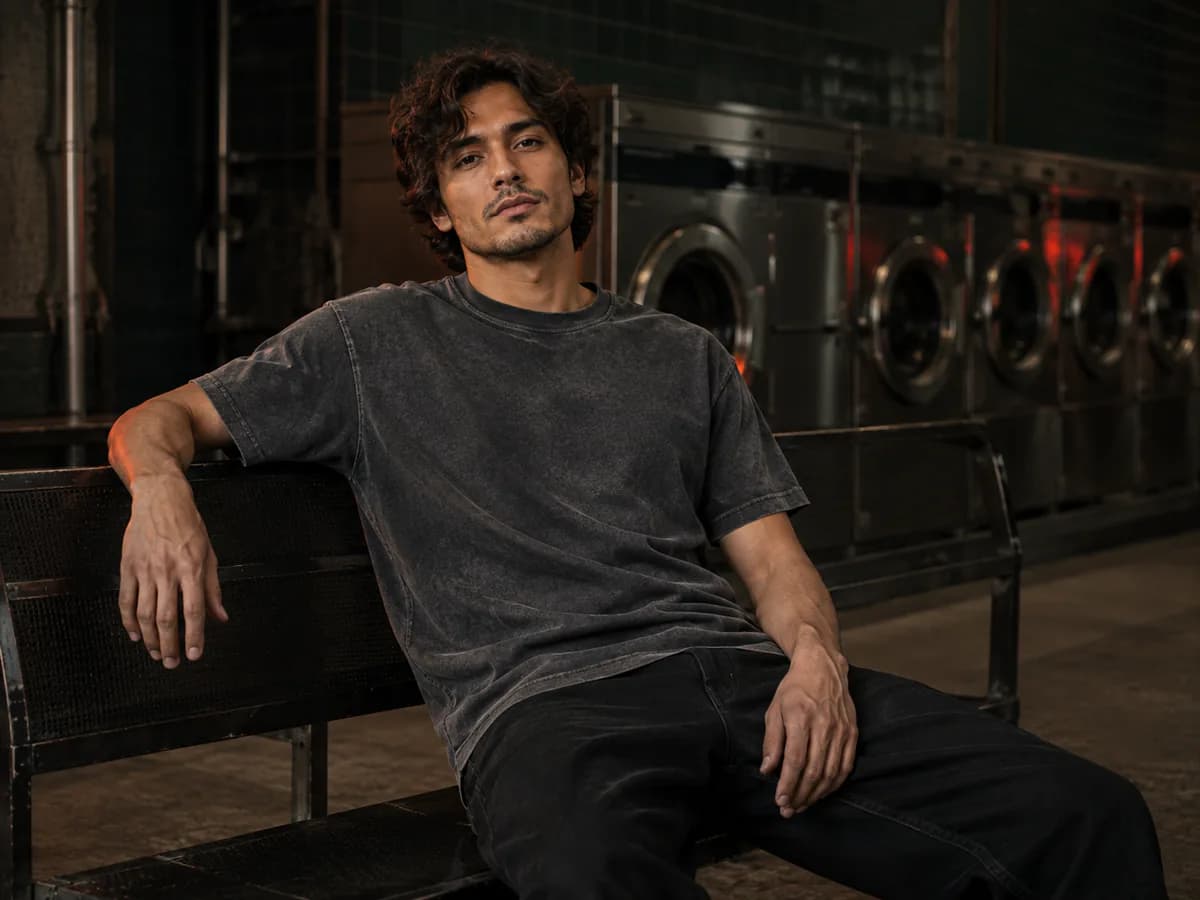 Male model wearing a black vintage washed T-shirt