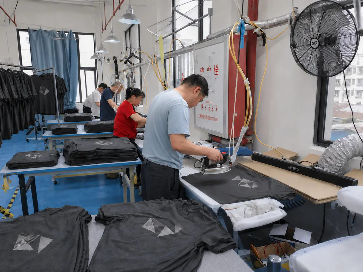 KAOUYOU garment finishing team pressing and organizing completed black T-shirts