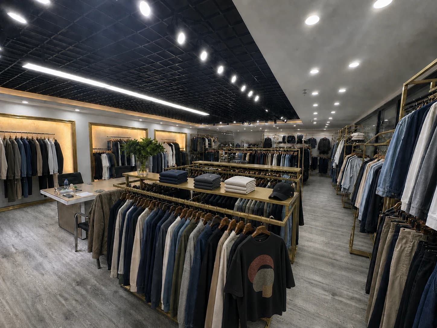 KAOUYOU menswear sample showroom with T-shirts, hoodies, trousers, shirts and outerwear