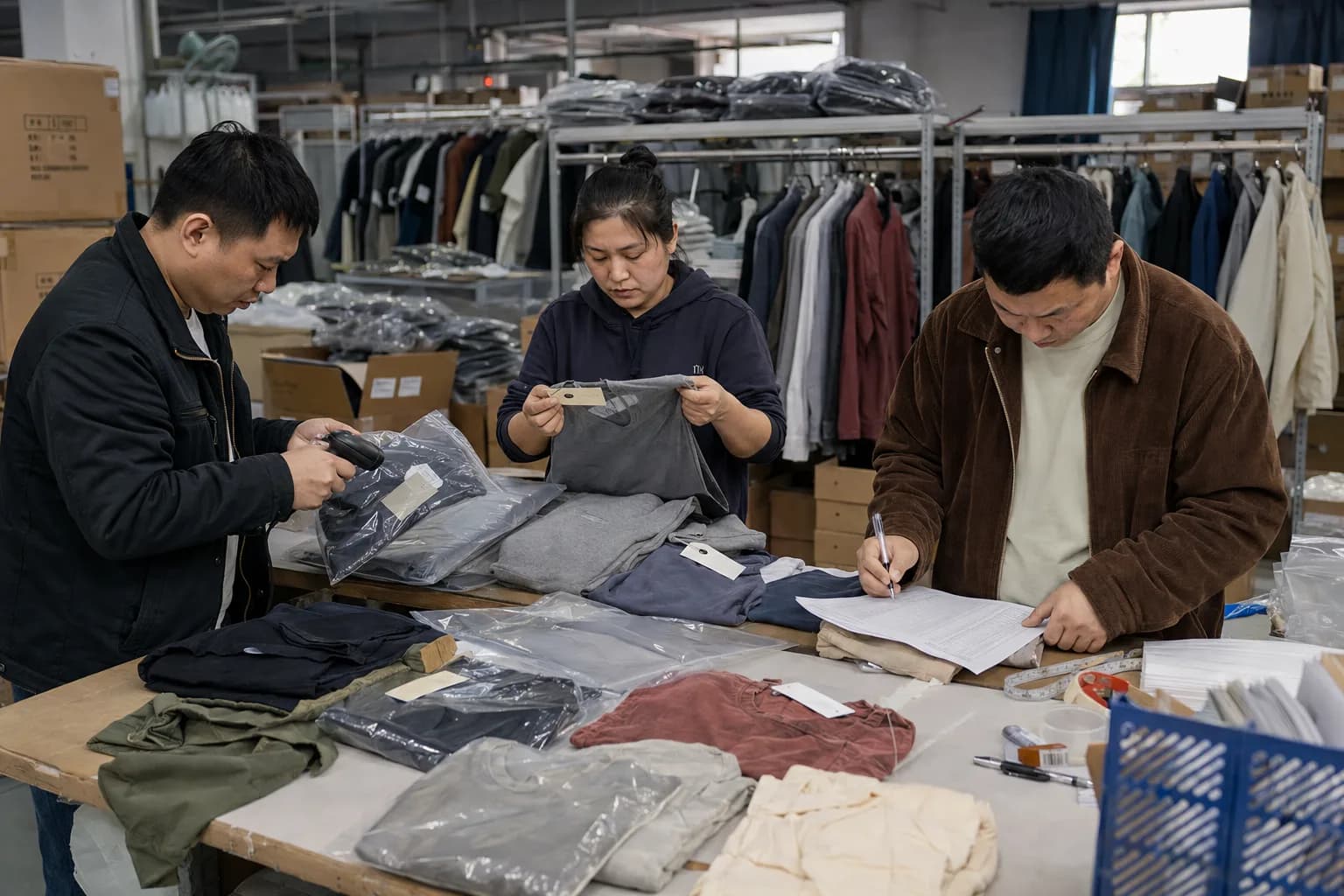 Chinese apparel team checking labeled menswear, packaging and order records for ecommerce fulfillment