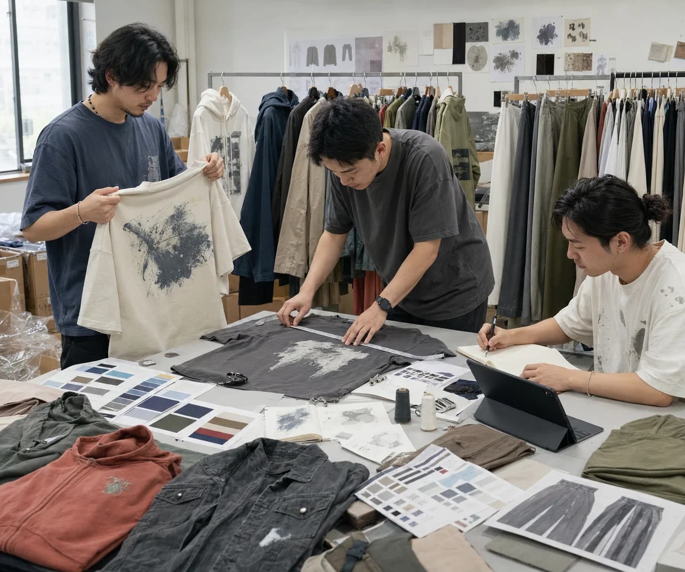Chinese creator and apparel developers reviewing graphic menswear samples for a first collection