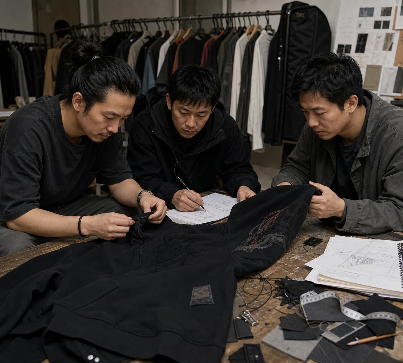 Chinese apparel developers reviewing a graphic sample garment in an active sample room