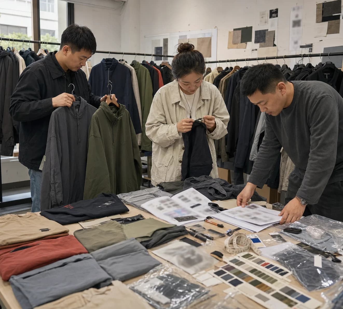 Chinese apparel professionals coordinating a multi-SKU menswear assortment, labels and order materials