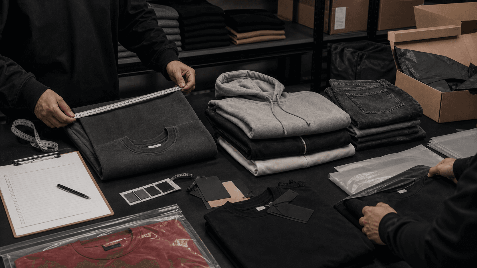 Apparel packing control with garment measurement, folded units, hangtags, individual bags and cartons