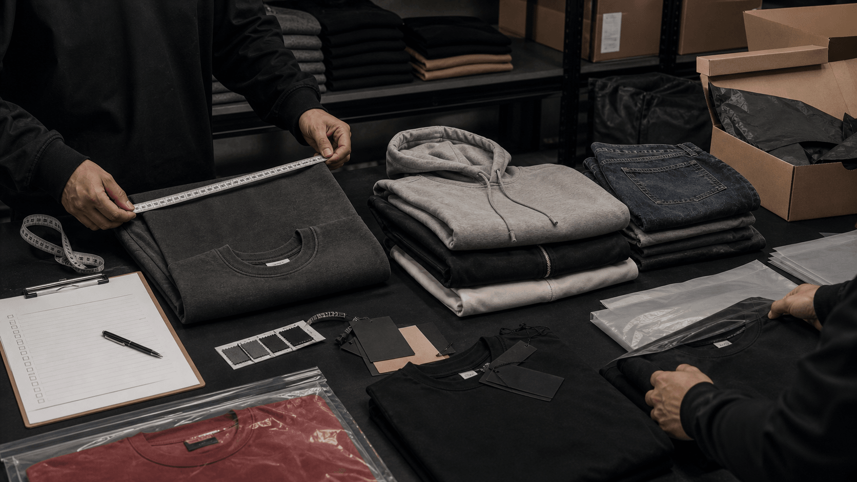 Apparel packing control with garment measurement, folded units, hangtags, individual bags and cartons