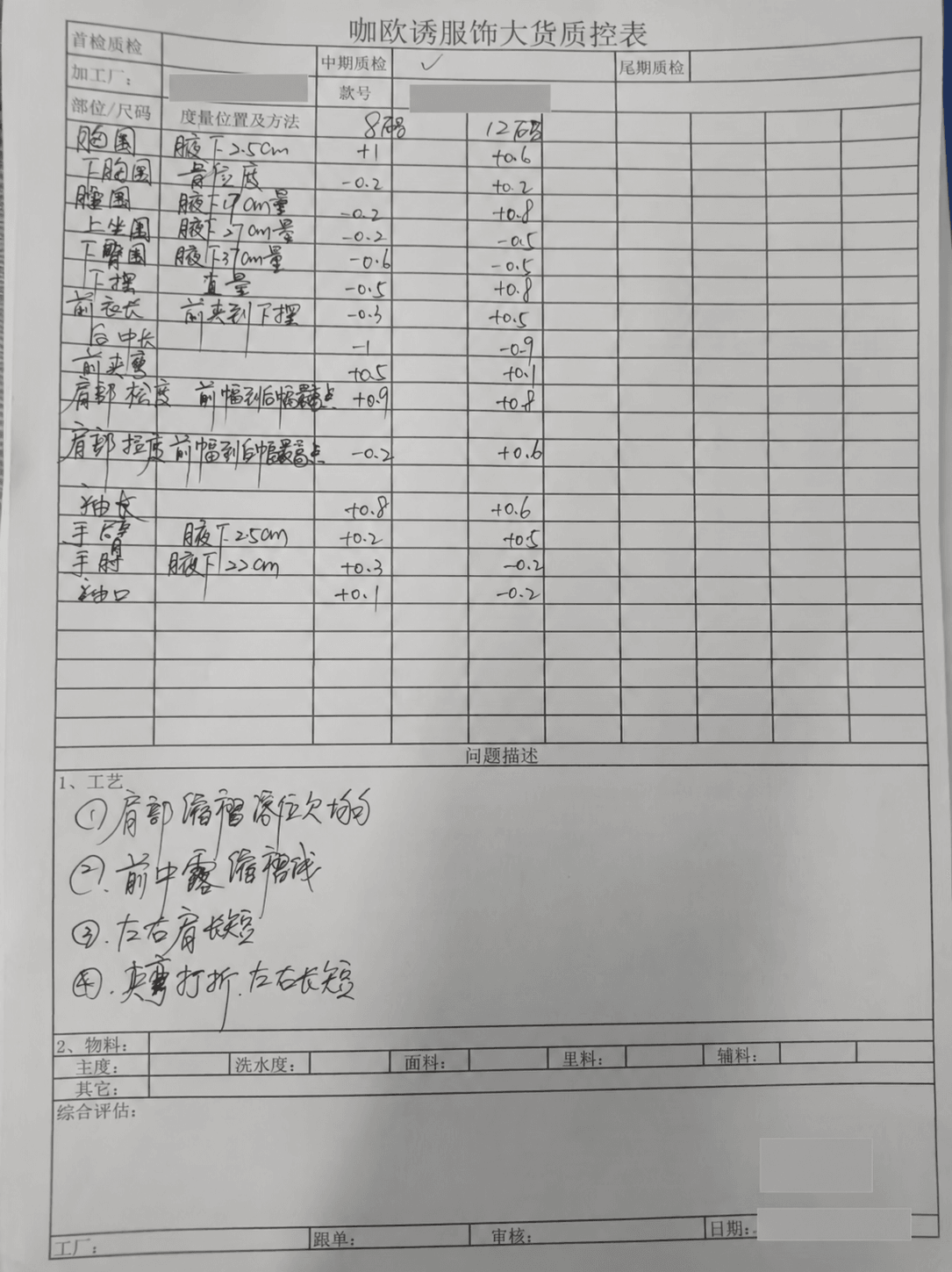 Anonymized KAOUYOU mid-production garment quality-control record with measurement deviations and workmanship findings