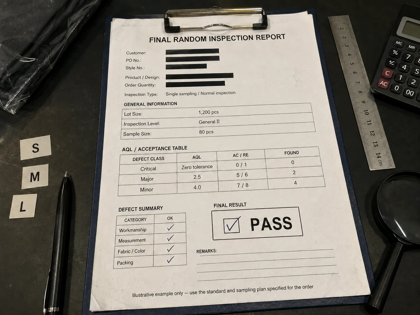 Illustrative final random inspection report with lot size, sample size, AQL and acceptance rejection numbers
