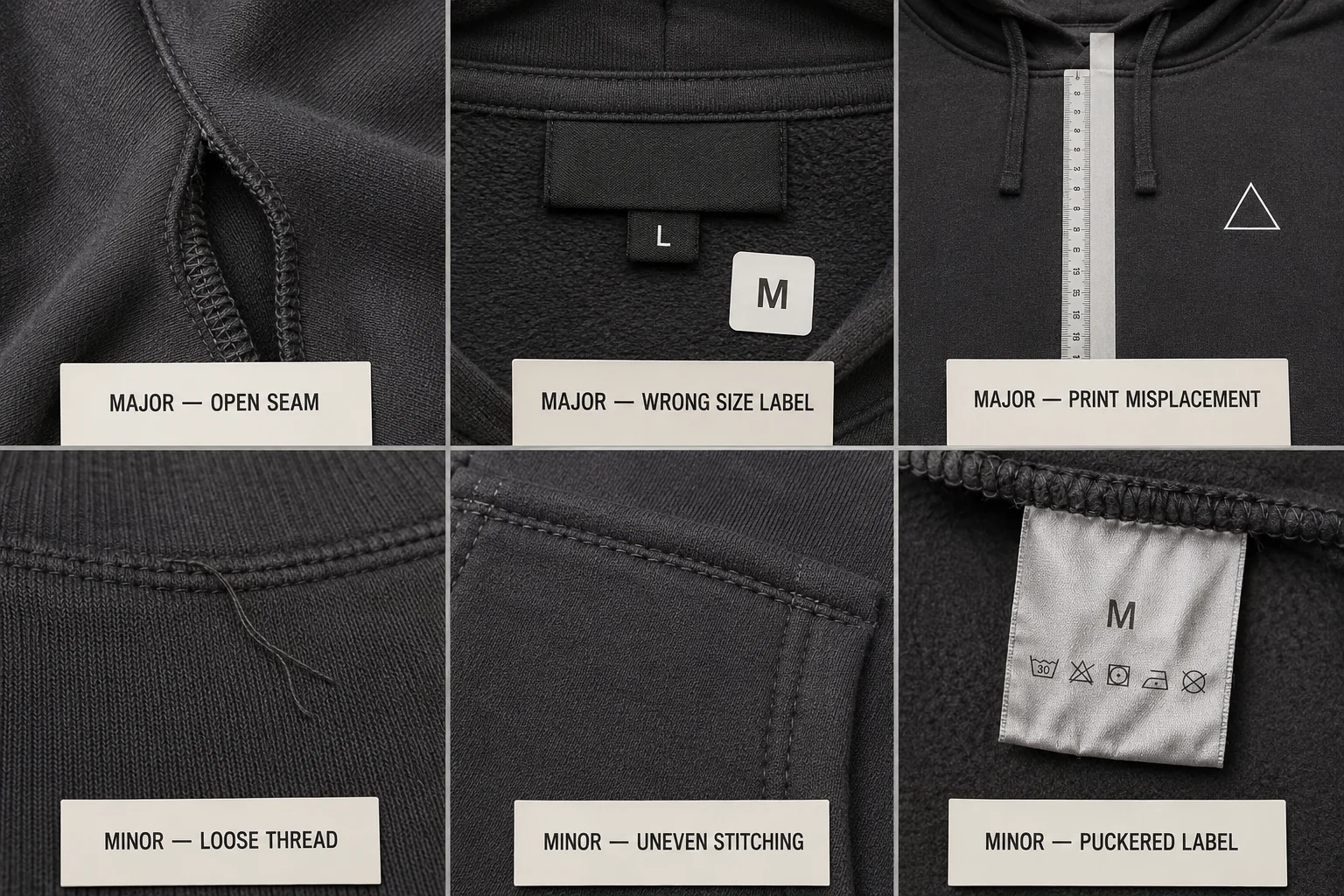 Illustrative garment defect examples including open seam, wrong size label, print displacement, loose thread, uneven stitching and puckered label