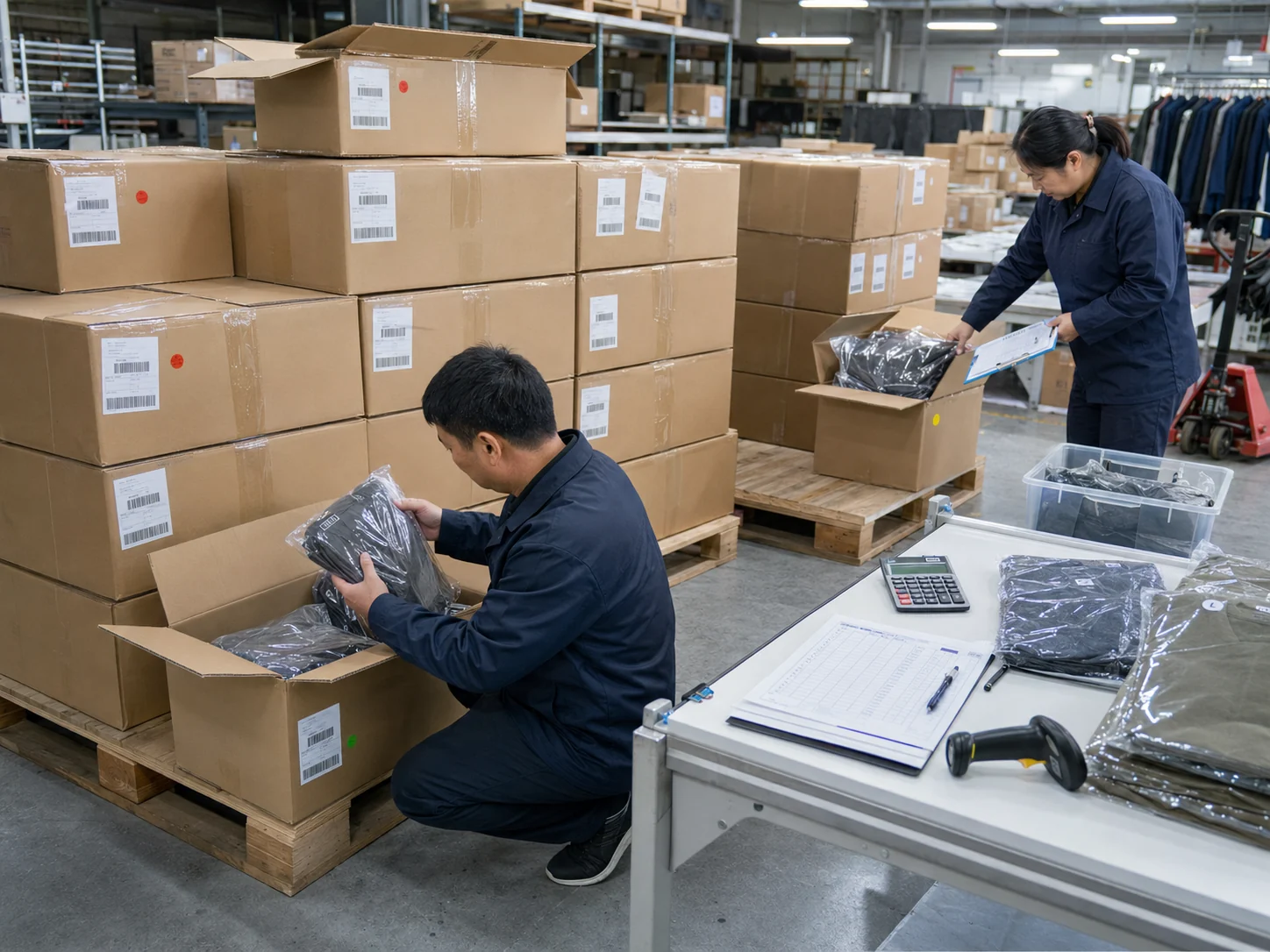 Inspectors selecting packaged garments from multiple cartons for a final random inspection