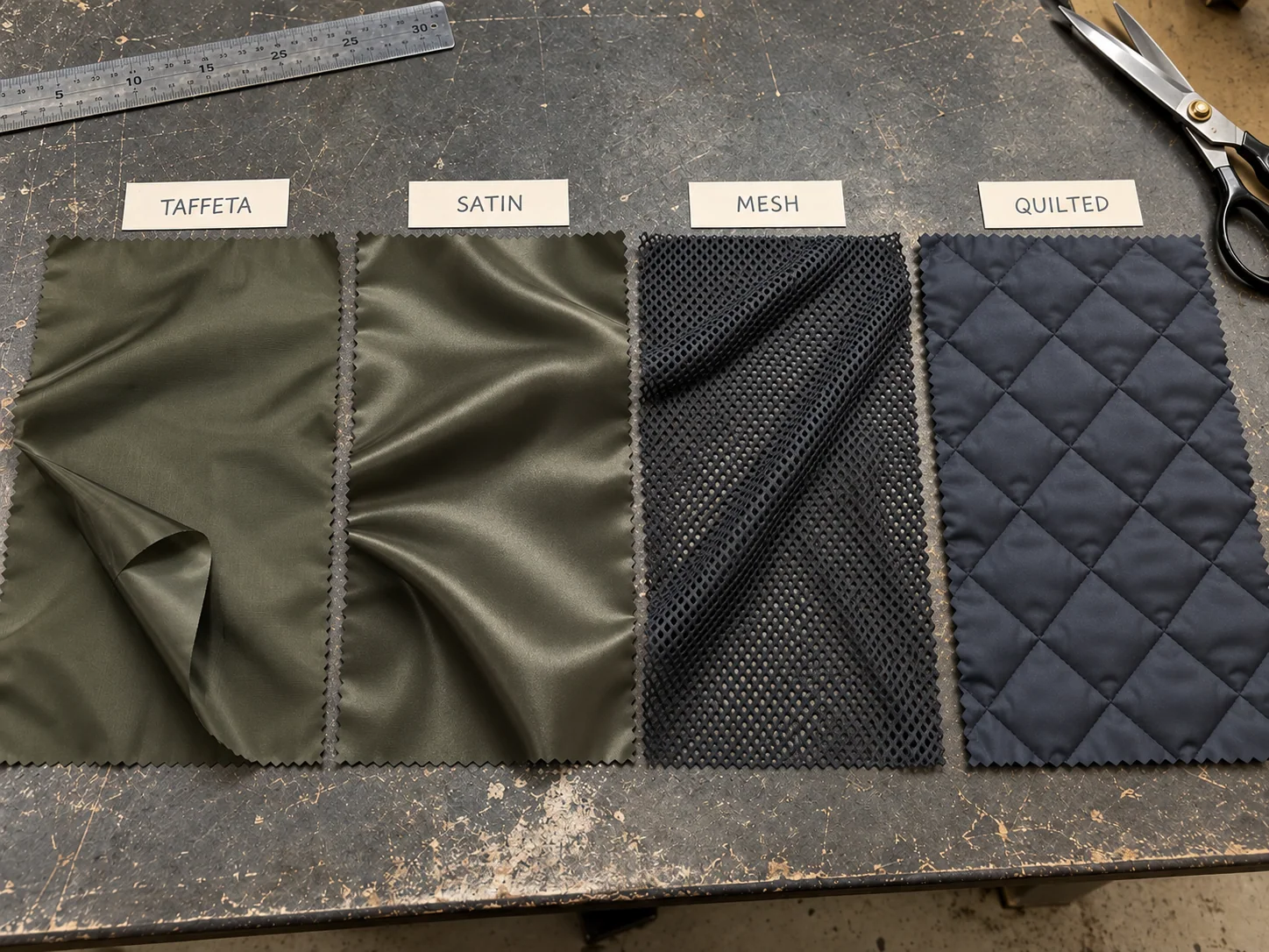 Taffeta, satin, mesh and quilted bomber jacket lining swatches compared side by side