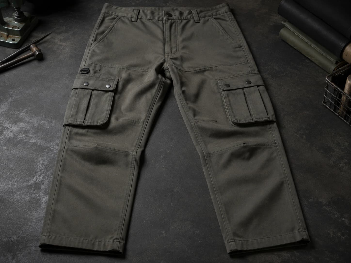 Cargo pants with symmetrical pleated thigh pockets, flaps and snap closures
