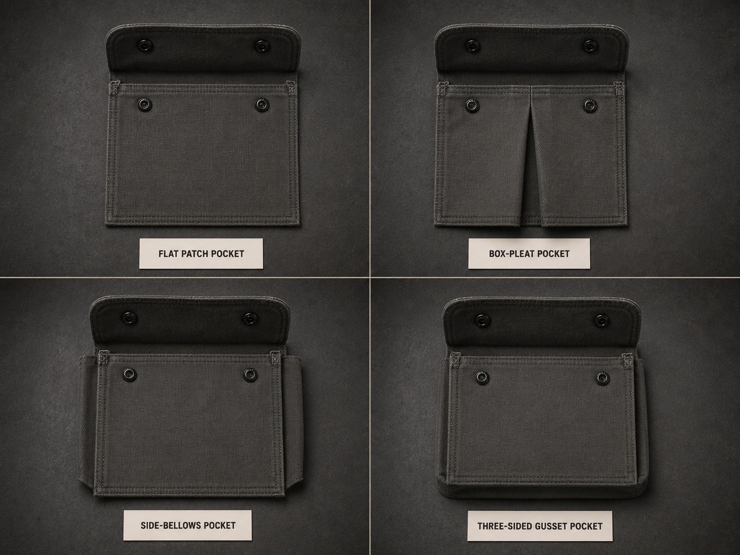 Flat patch, box pleat, side bellows and three-sided gusset cargo pocket comparison
