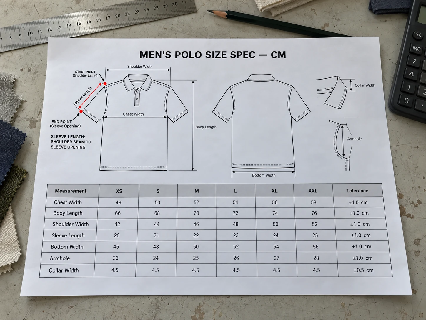 Illustrative XS to XXL polo measurement chart with measurement diagrams