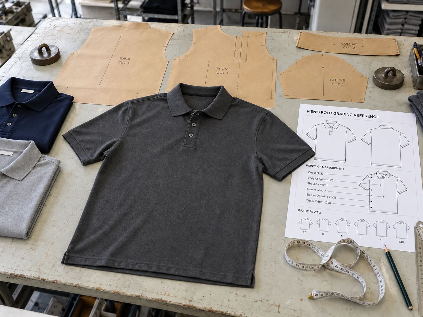 Illustrative polo garment with paper patterns and grading references