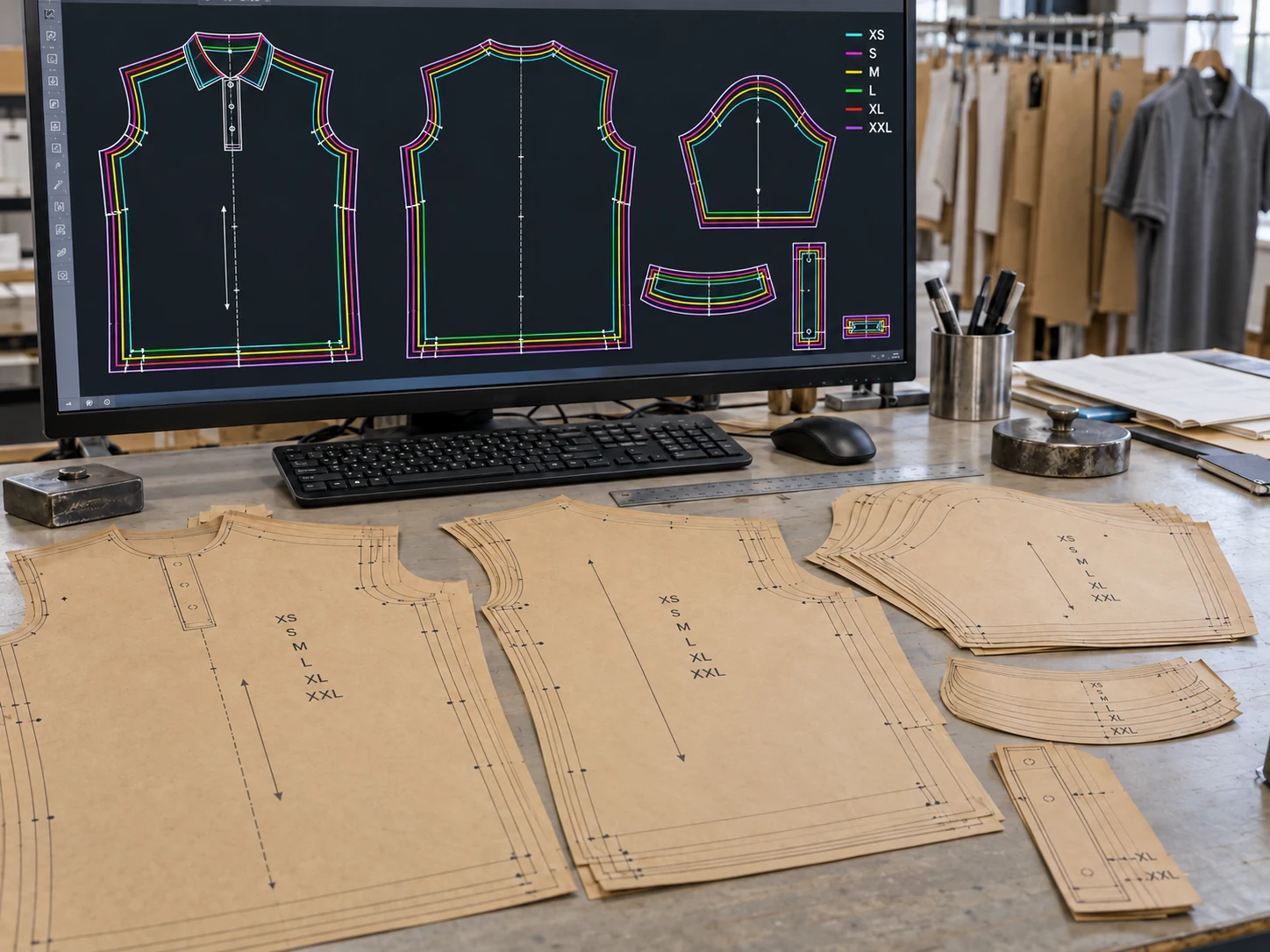 Illustrative nested polo pattern outlines displayed beside paper patterns