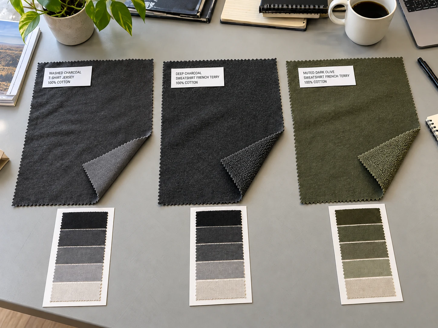 Three labeled knit fabric references with folded corners and coordinating color cards