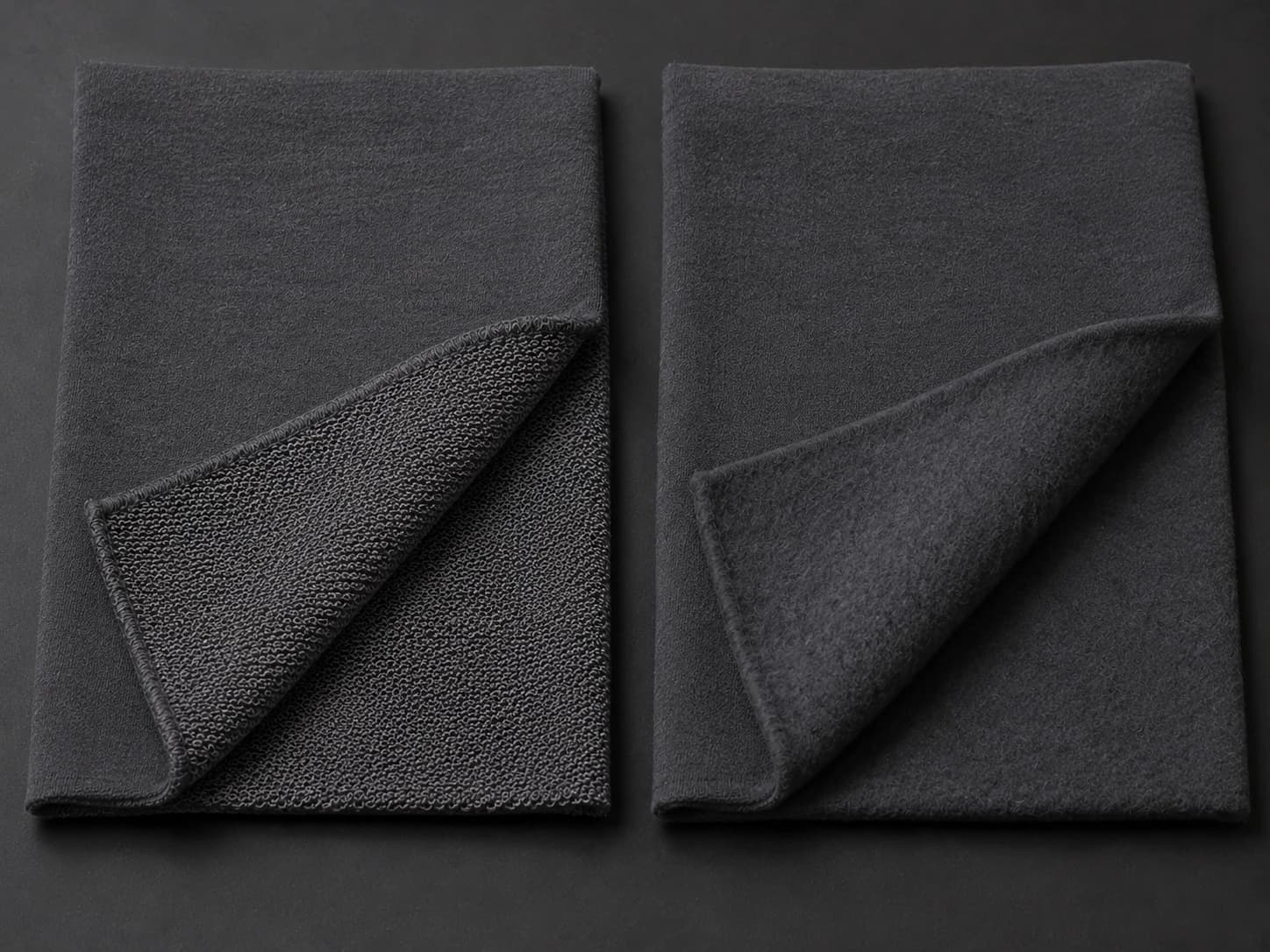 French Terry loopback fabric and brushed fleece fabric shown side by side