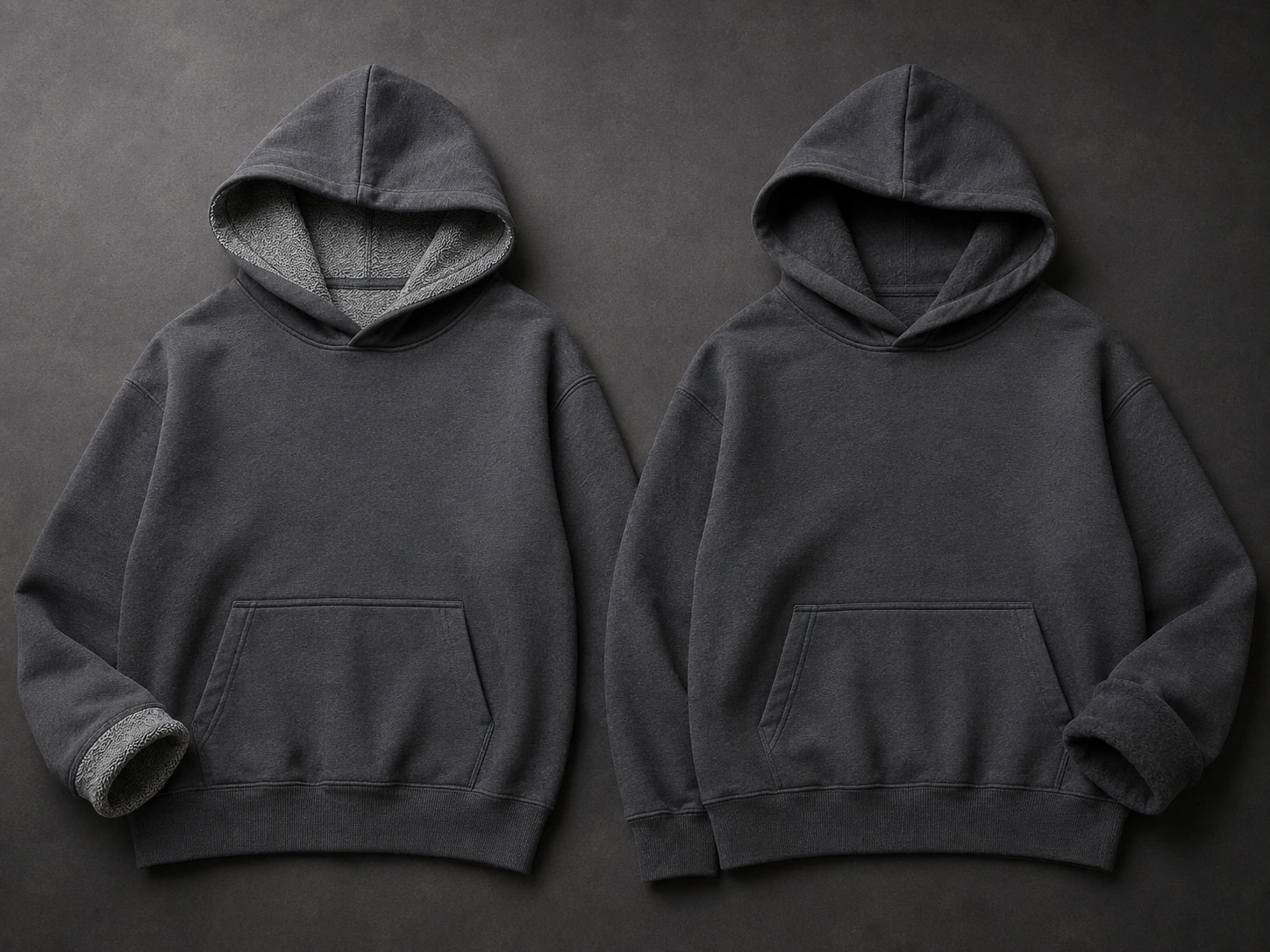 Two matching hoodies showing French Terry loopback and Brushed Fleece interiors