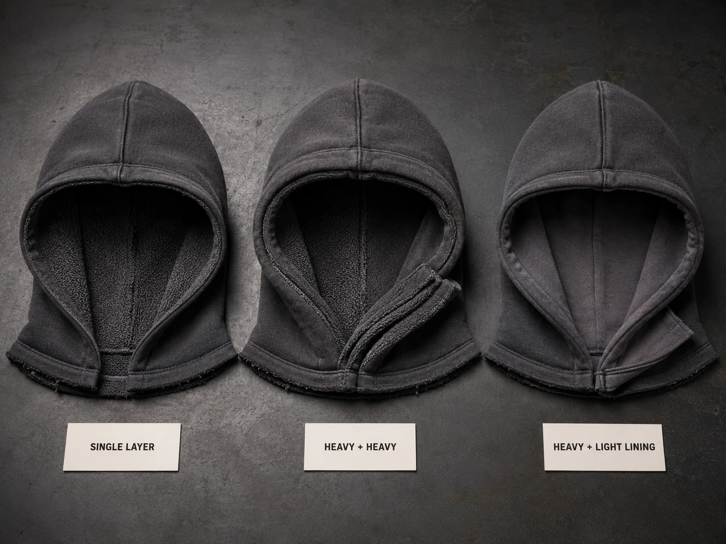 Single-layer, heavyweight double-layer and heavyweight with lightweight lining hood constructions