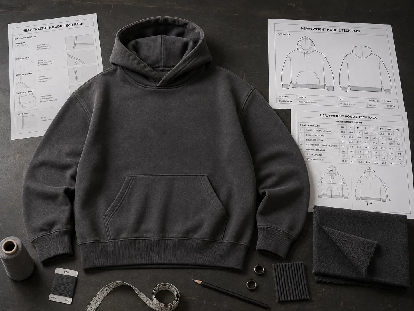 Heavyweight hoodie with technical drawings, measurement specifications, fabric and trim references