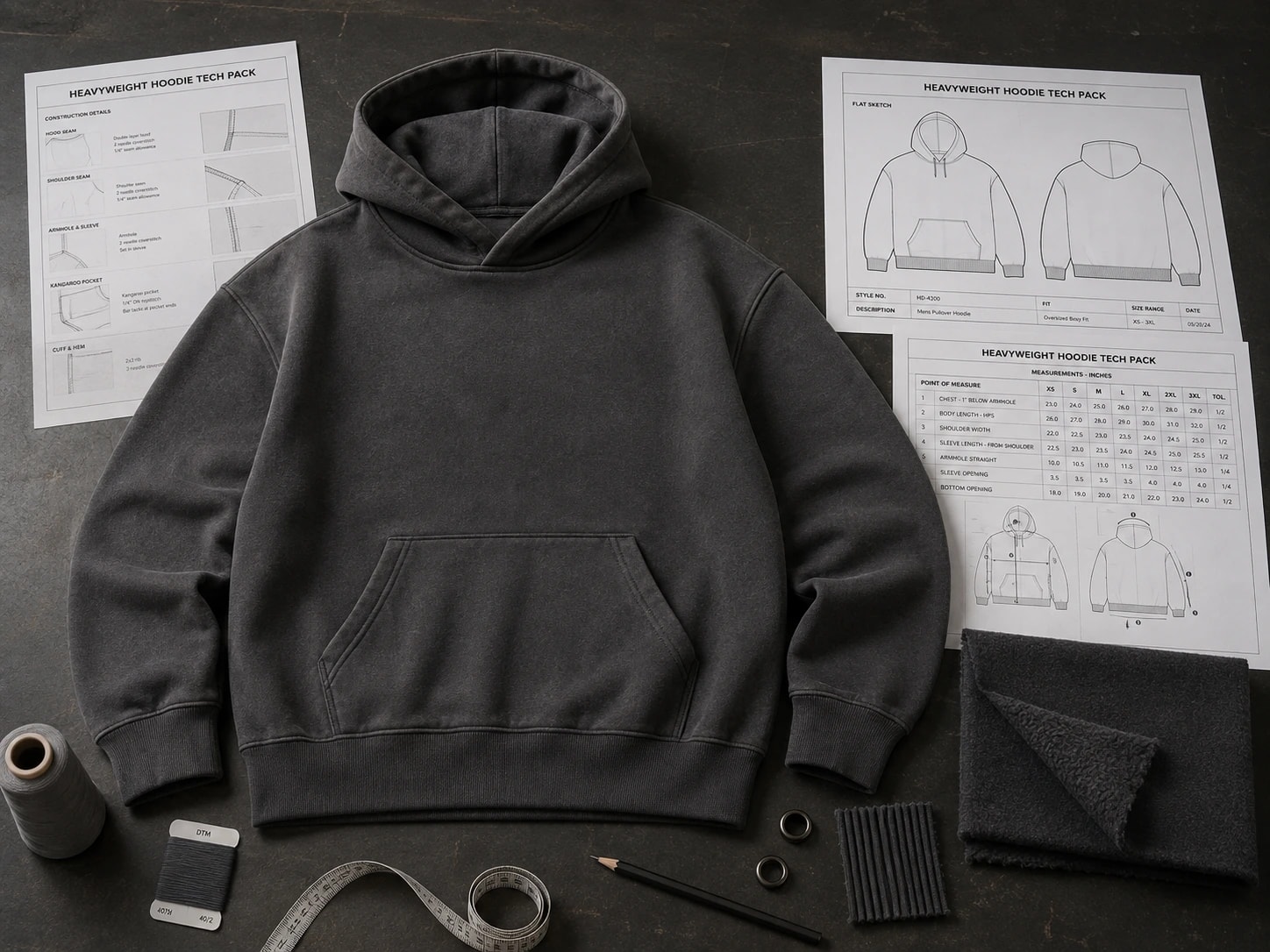 Heavyweight hoodie surrounded by technical drawings, measurement sheets, fabric, rib and trim references