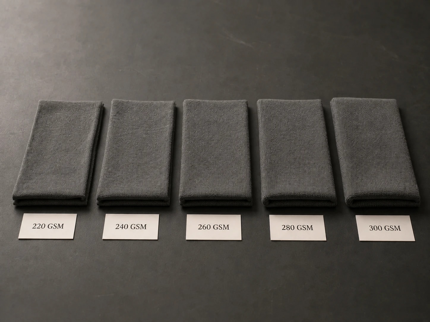 Heavyweight T-shirt fabric samples labelled 220, 240, 260, 280 and 300 GSM