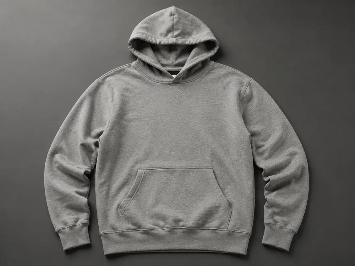 Basic grey pullover hoodie with a standard hood, kangaroo pocket and ribbed openings