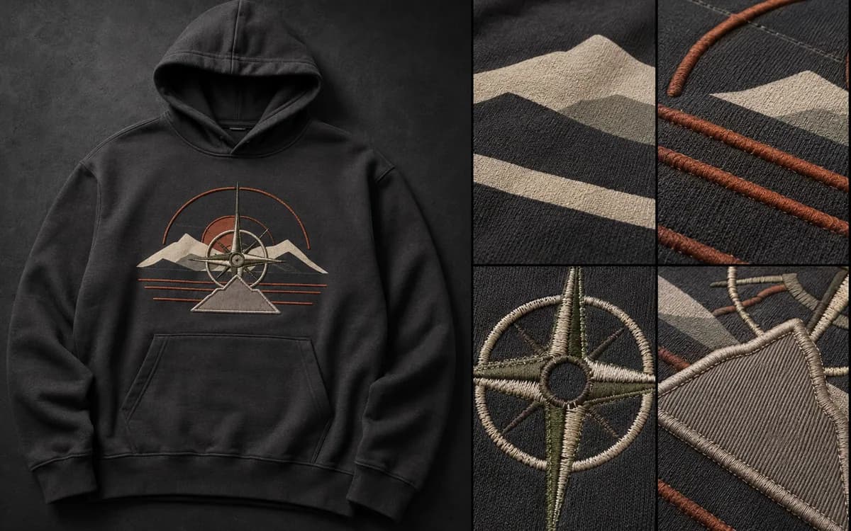 Hoodie decoration comparison showing printed, embroidered and appliqué details