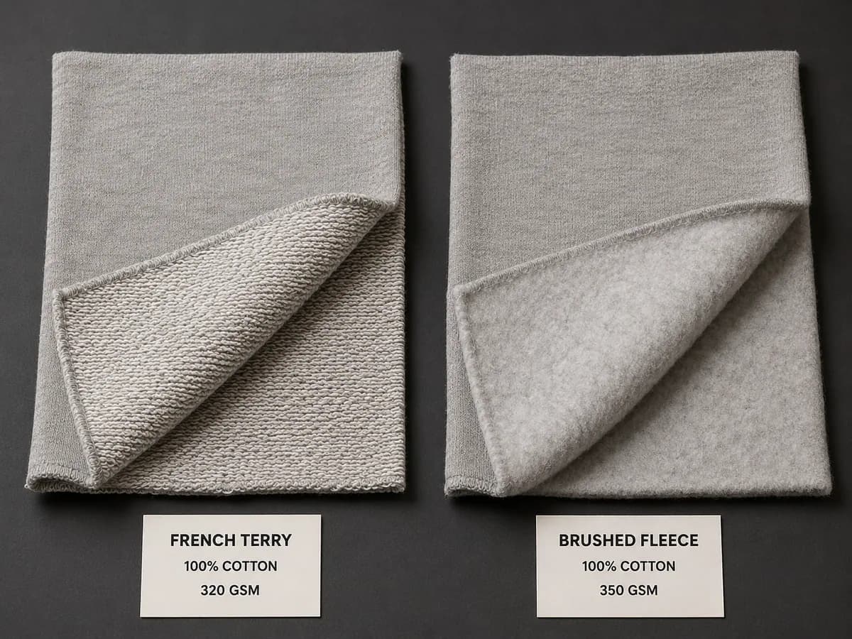 French terry and brushed fleece swatches showing their different reverse-side structures