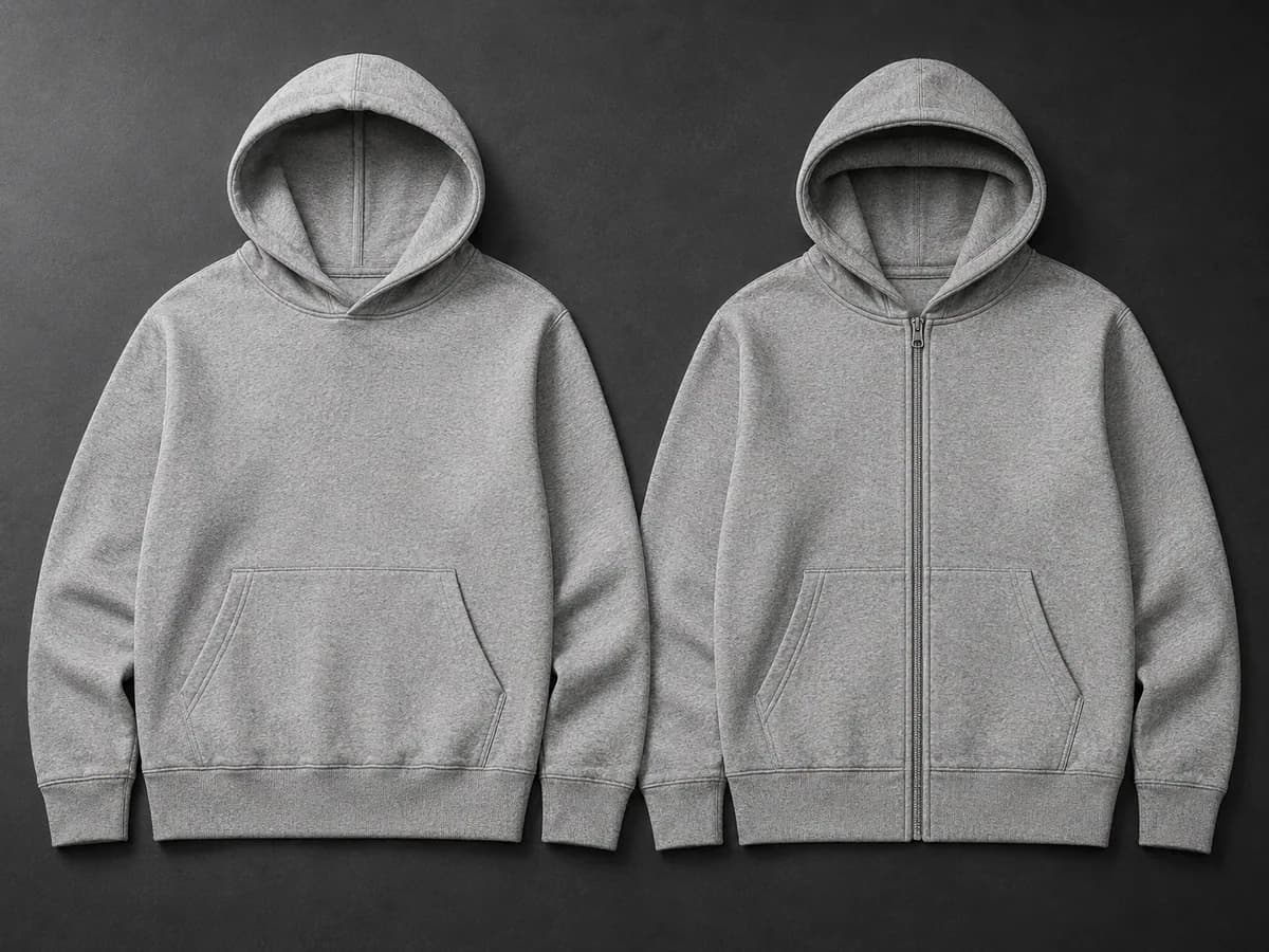 Pullover hoodie and full-zip hoodie shown side by side