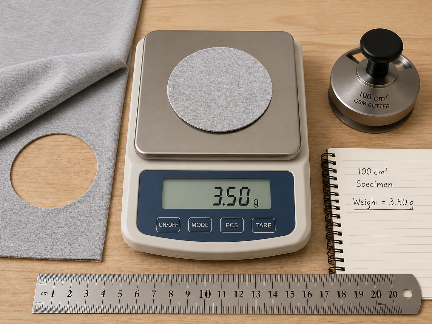 One hundred square centimetre sweatshirt fabric specimen weighing 3.50 grams for a 350 GSM calculation
