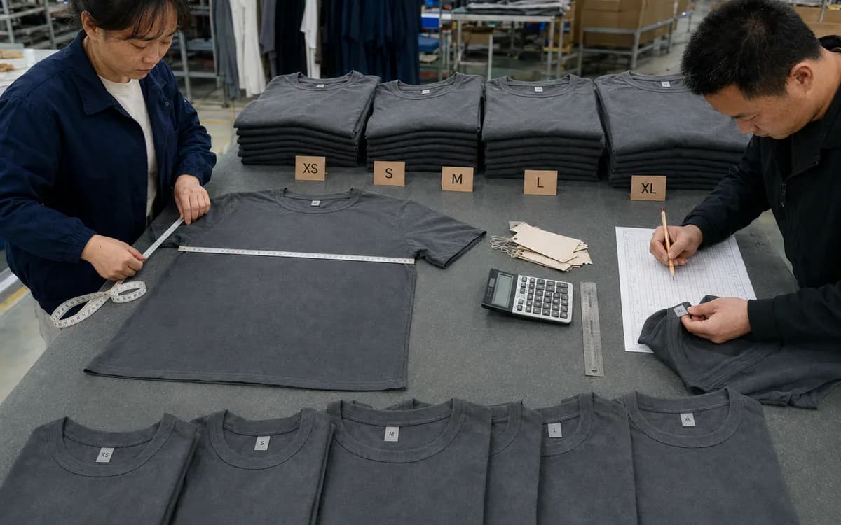 Illustration of XS to XL T-shirt size allocation and measurement checks
