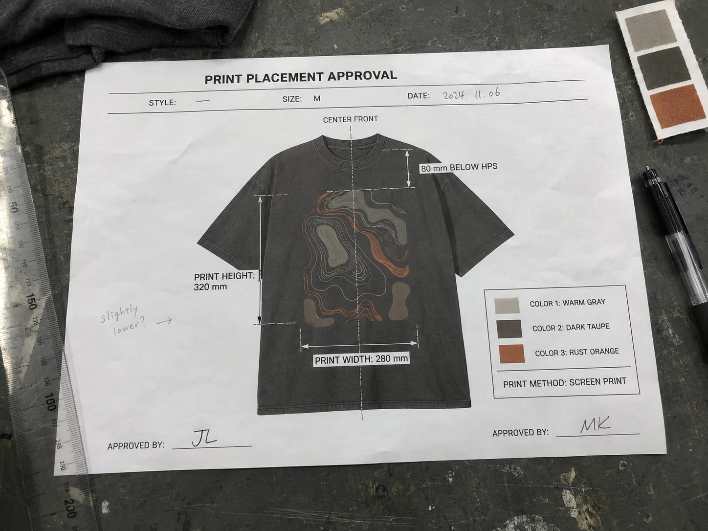 Example print placement approval showing center front, print width, print height and distance below HPS