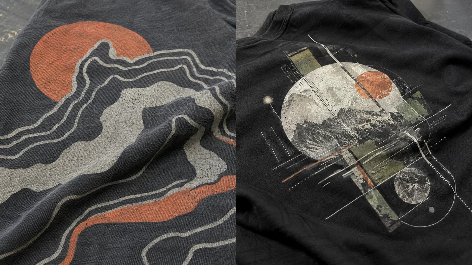 Close-up comparison of screen-printed and DTF graphic artwork on black garments