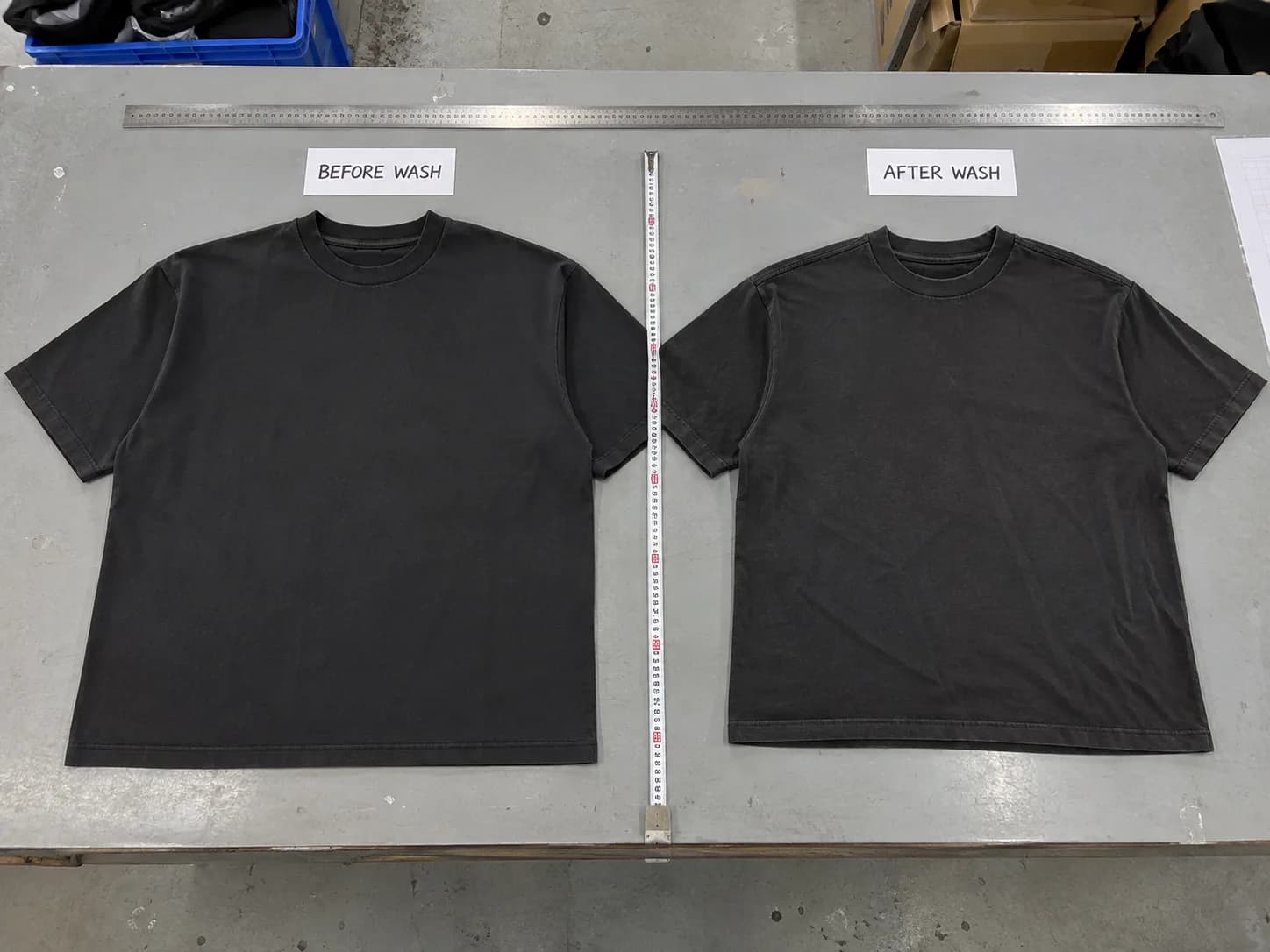 Black T-shirts compared before and after washing during shrinkage control