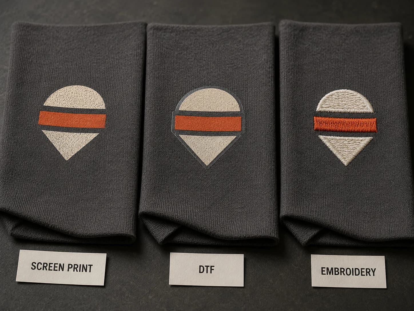 Screen print, DTF and embroidery decoration examples on T-shirt fabric