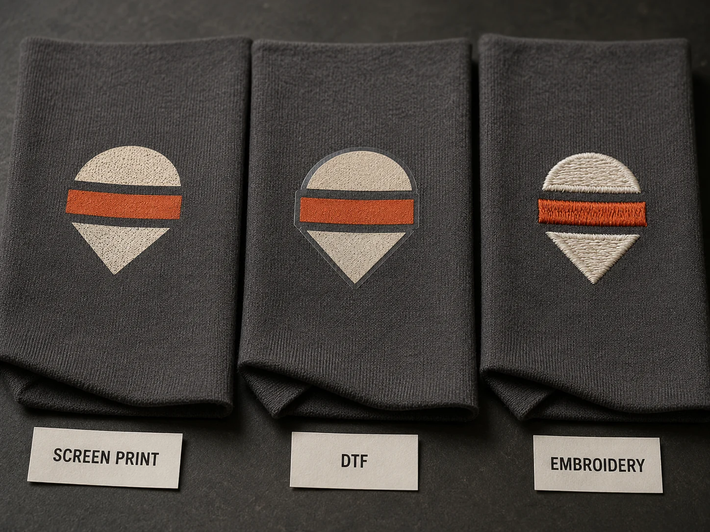 Screen print, DTF transfer and embroidery samples applied to dark T-shirt fabric