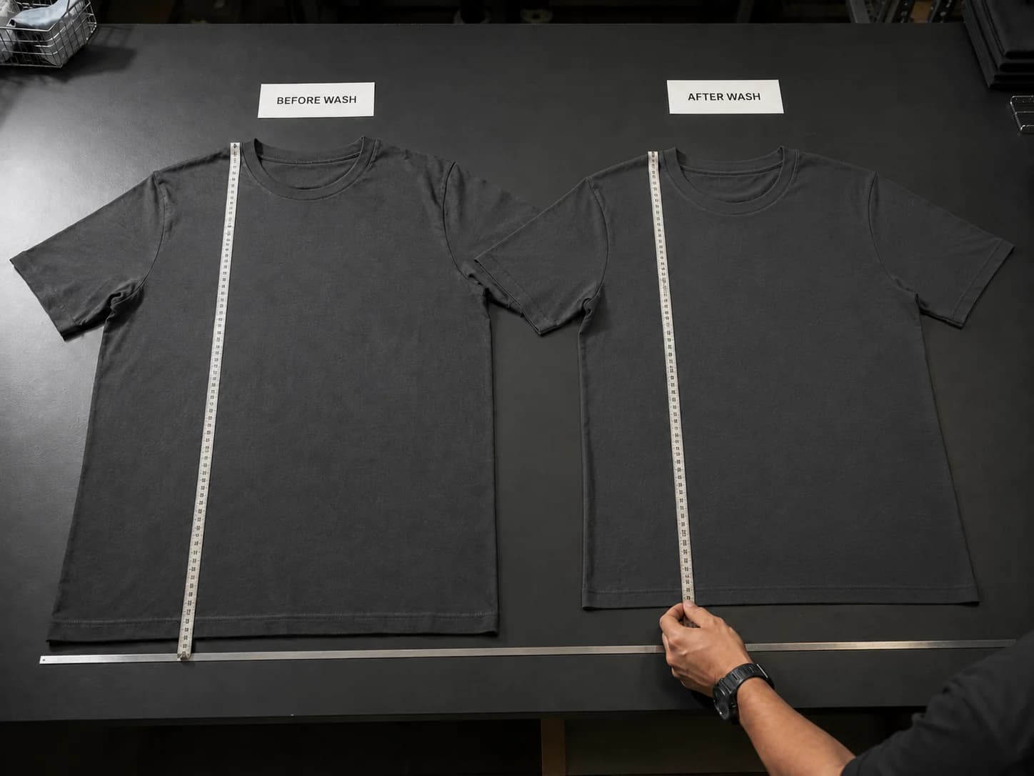 Before-and-after wash T-shirts measured for dimensional change