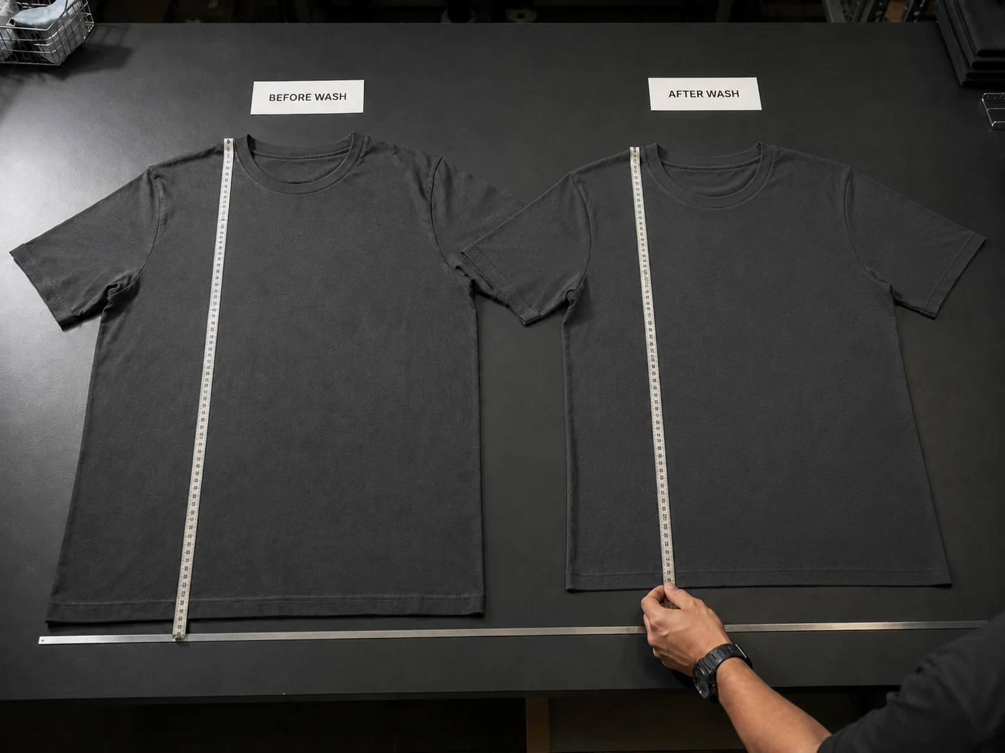 T-shirts measured before and after washing for dimensional shrinkage review