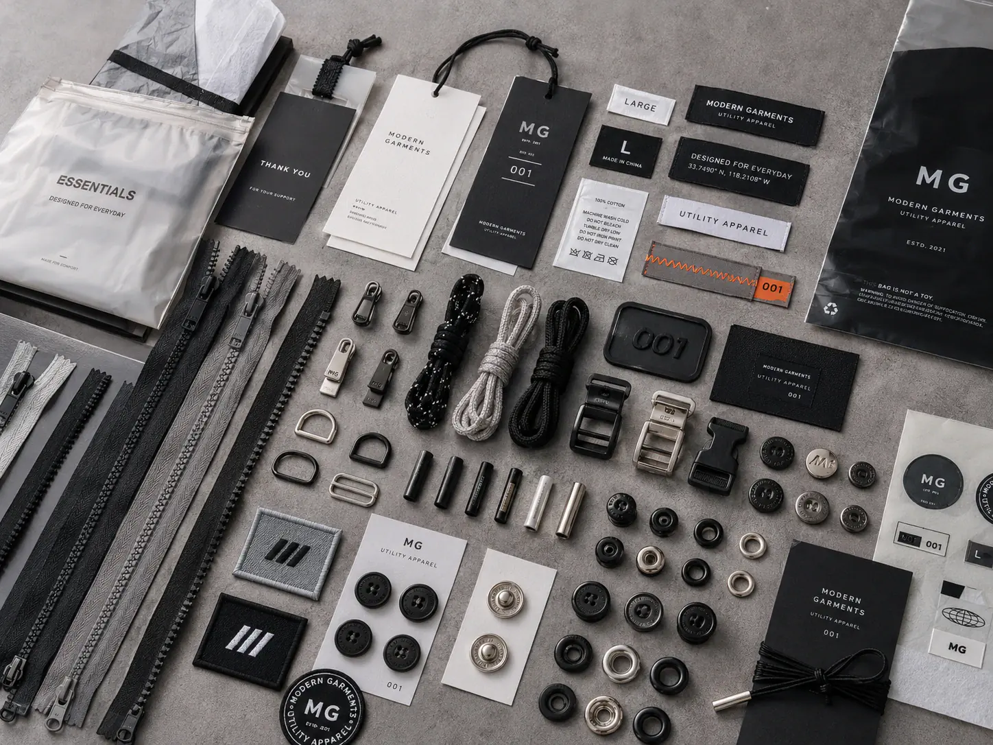 Garment zippers, buttons, labels, tags and packaging options arranged for selection
