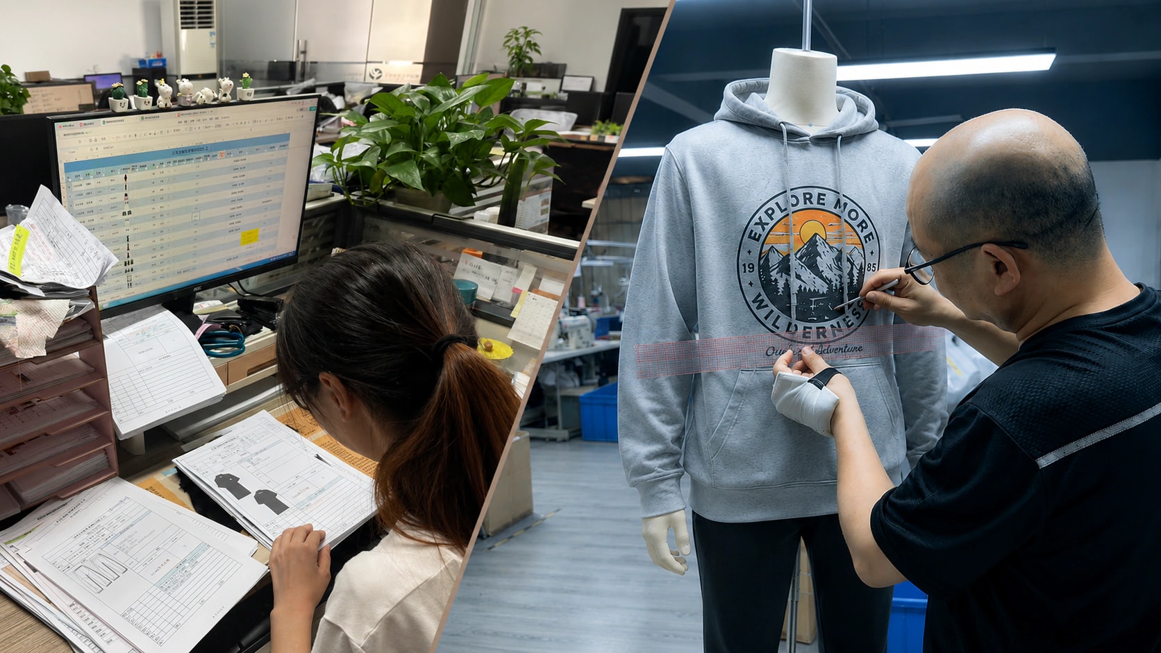 KAOUYOU staff reviewing a garment specification and checking artwork placement on a sample hoodie