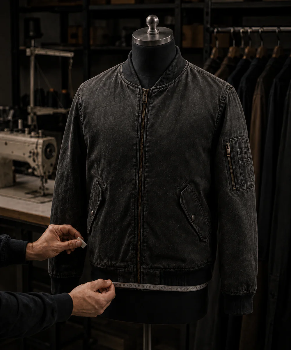 Illustrative garment sample measurement and fit review on a jacket